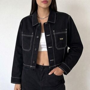 Thrills Black Cropped Workwear Jacket Size L Contrast Stitch Utility Chore
